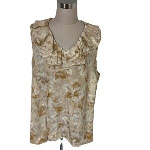 Talbots Woman Petites 18WP Sleeveless Ruffle Neck Top 100% Silk Abstract Print